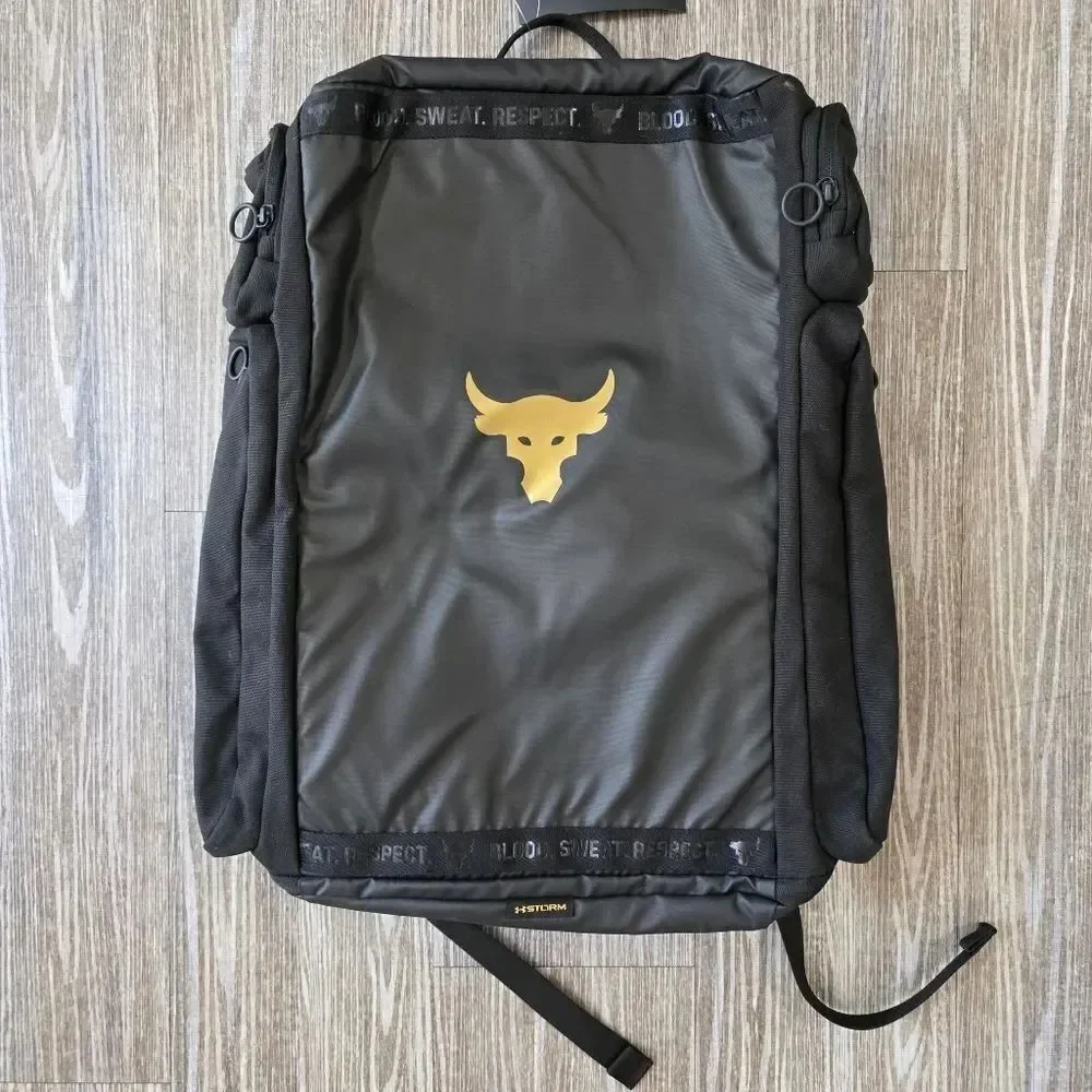 UA Under Armour Project Rock Duffle Backpack Bag Black Gold Gym New 1376459-002